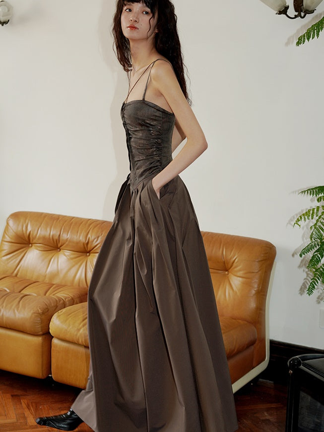 Polarized Faux Leather Hollow Suspender Long Dress