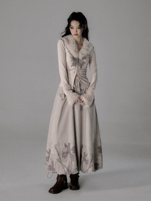 Pelzkragen Zip-up-Top & Pelzstichrock