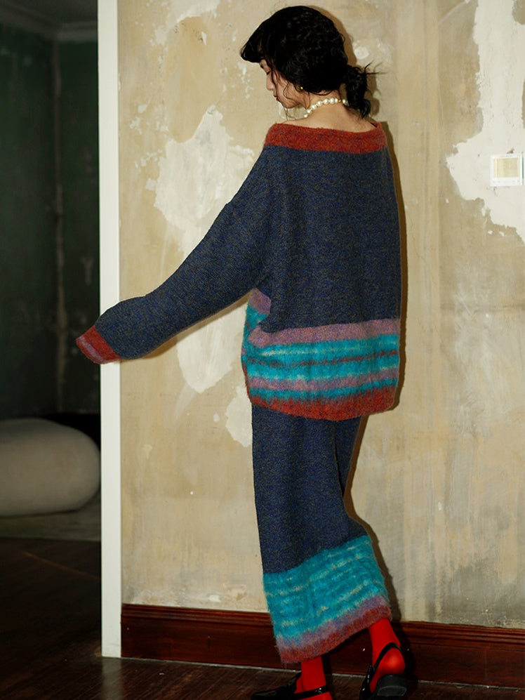 Contrast Color Border Design Loose Sweater & Knitted Skirt