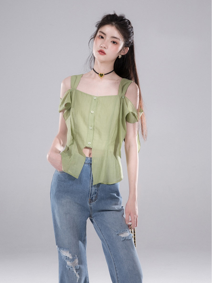 Square Neck Shirt With Shoulder Sleeves