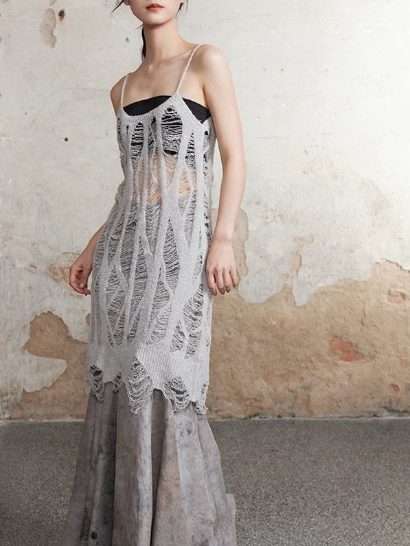 식물 염색 인어 긴 치마 및 중공 니트 긴 카미솔