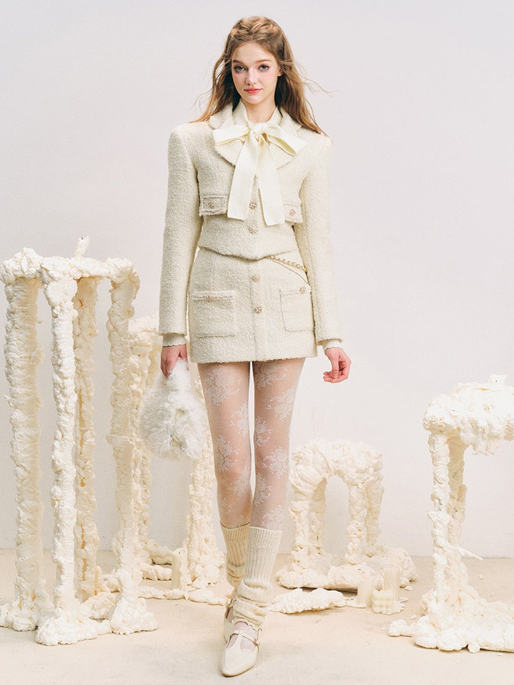 Tweed Cropped Slim Jacket & Pocket Design Mini Skirt