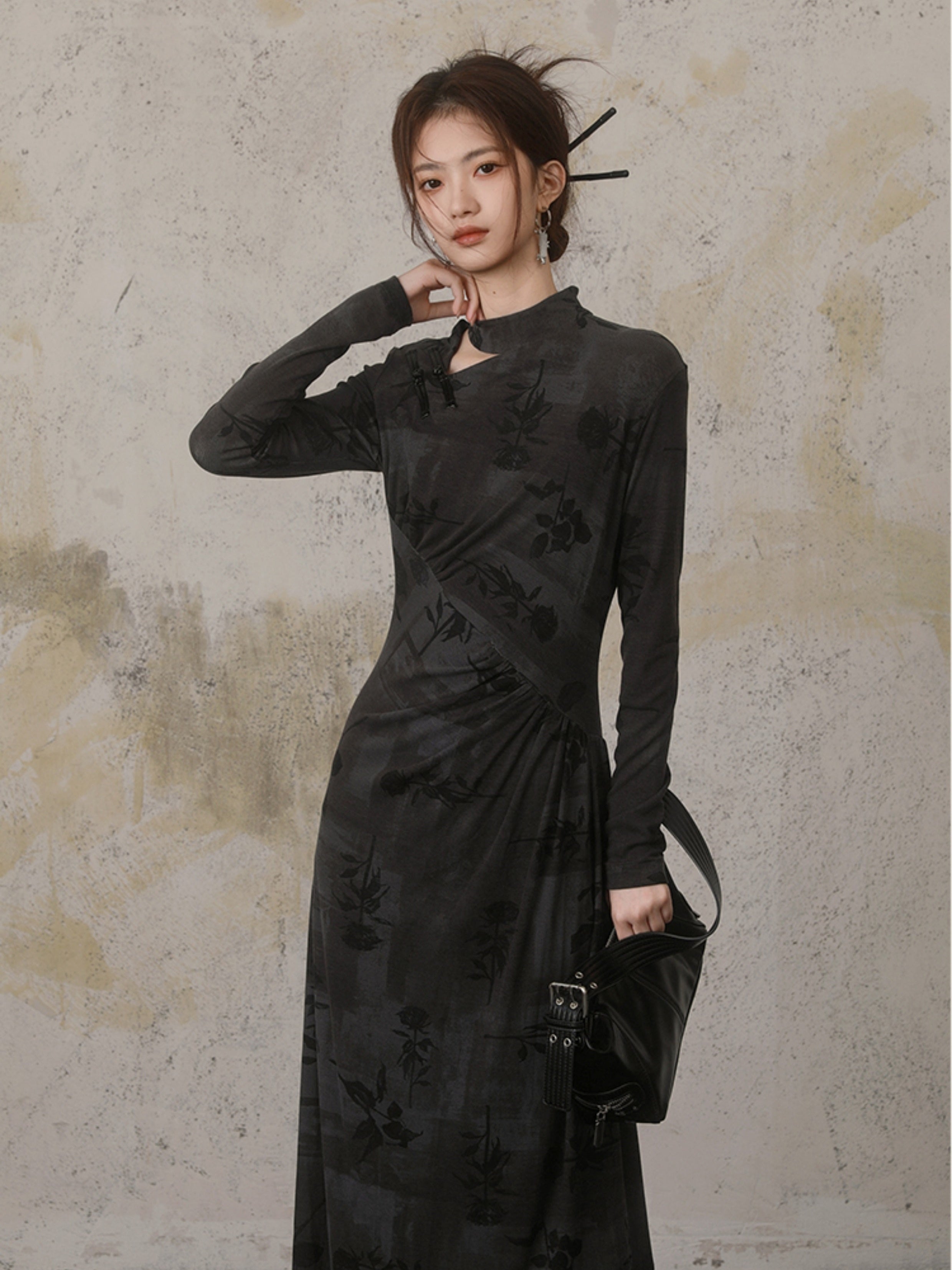 중국 스타일 인쇄 슬림 한 긴팔 드레스