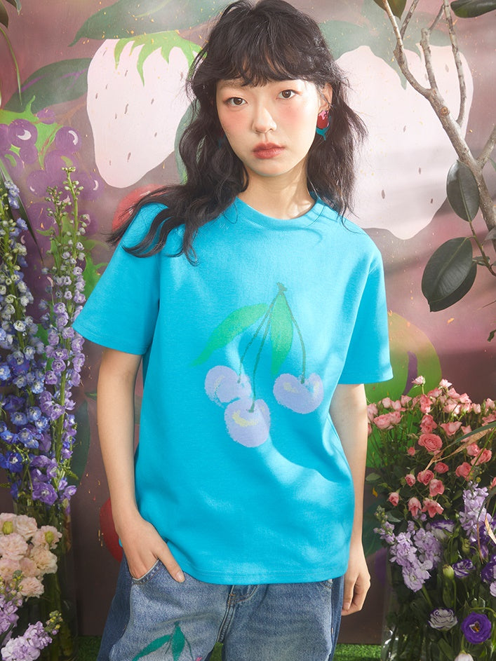 Cherry Print Loose Round Neck T-shirt