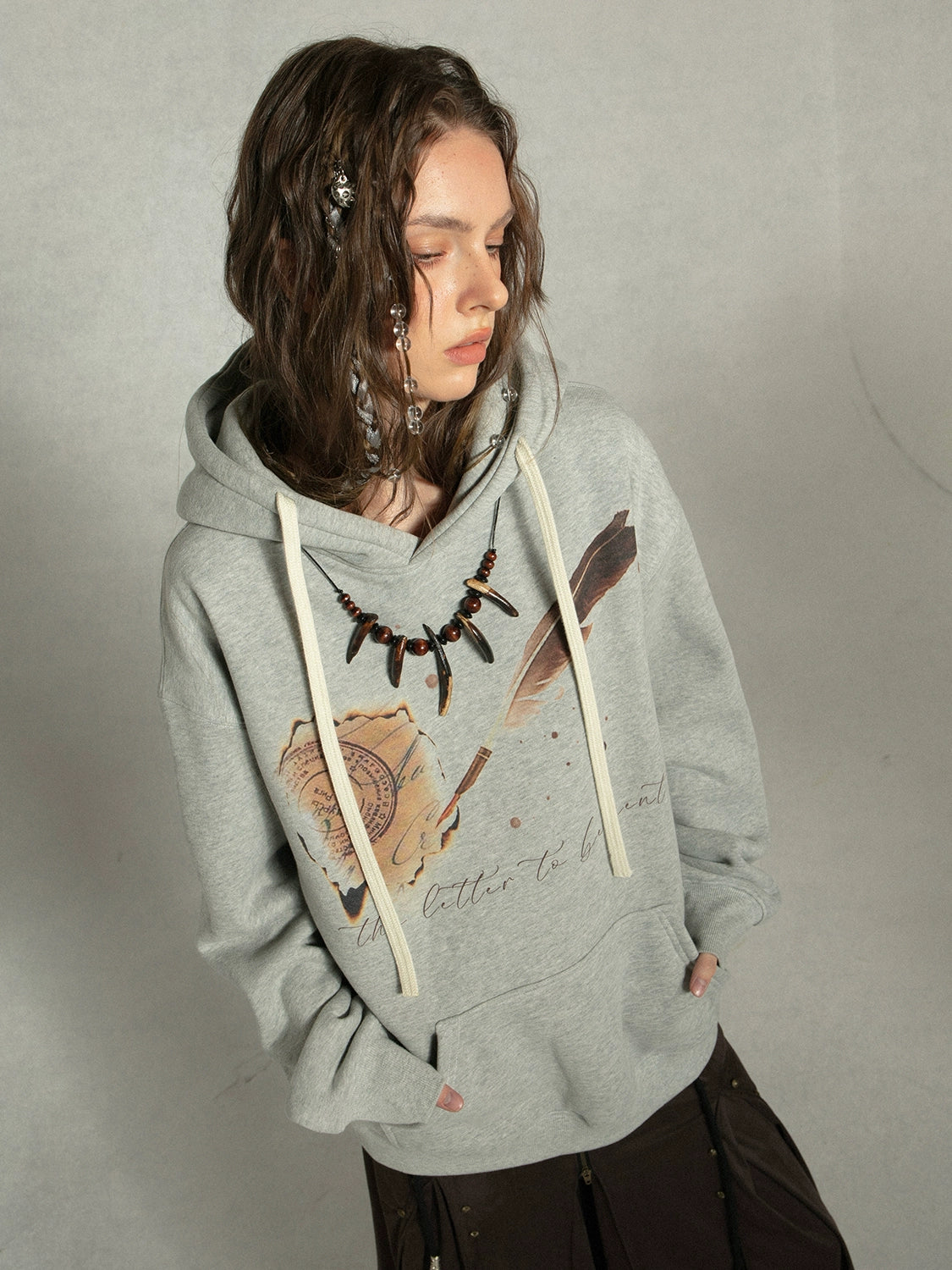Printed Polar Fleece Lining Hooded Loose Sweat