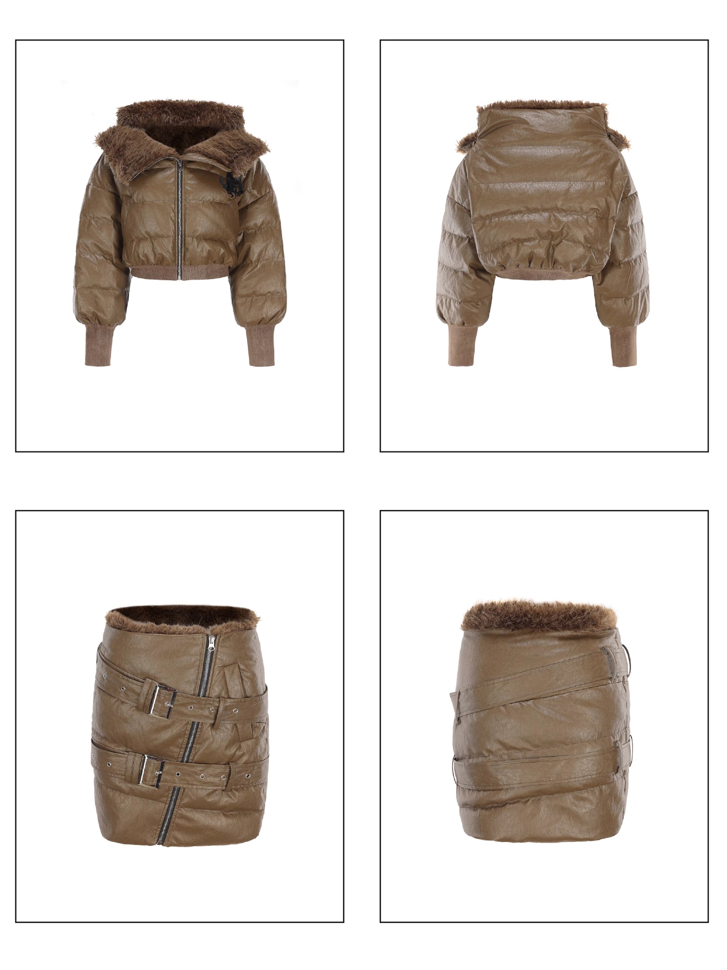 Fur Collar Short Down Jacket & Slant Zipper Skirt