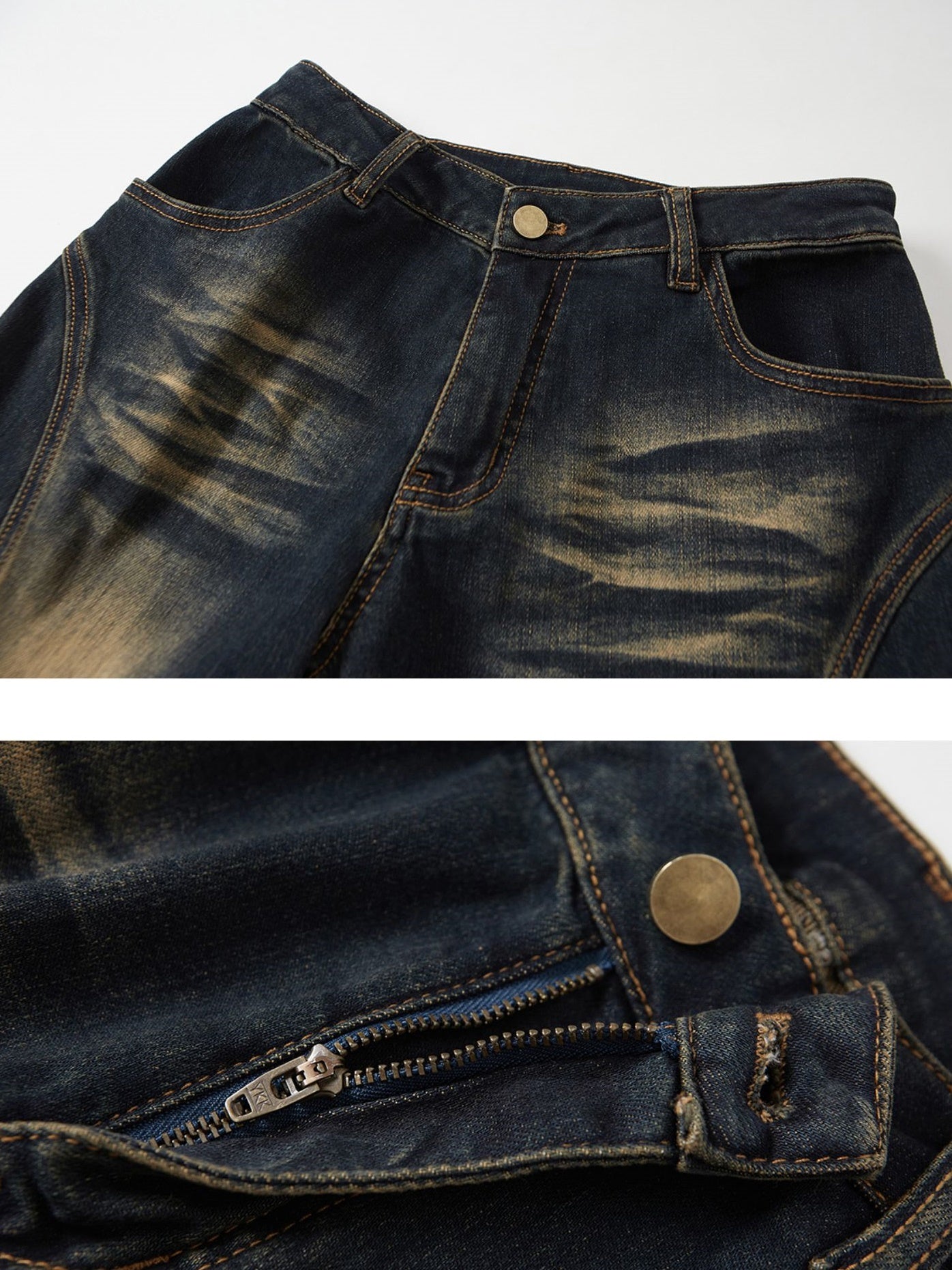 Fur Stitch Washed Distressed Denim Flare Pants