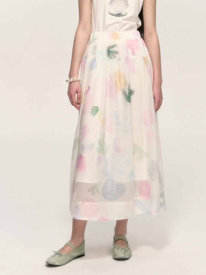 Printed Small Flying Sleeve Top & A-line Skirt