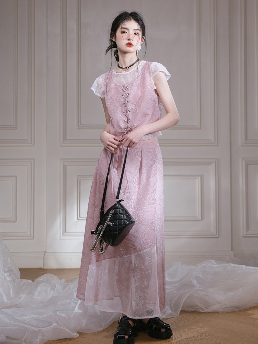 Small Flying Sleeve T-Shirt & Embossed Lace-Up Vest Setup & Long Skirt