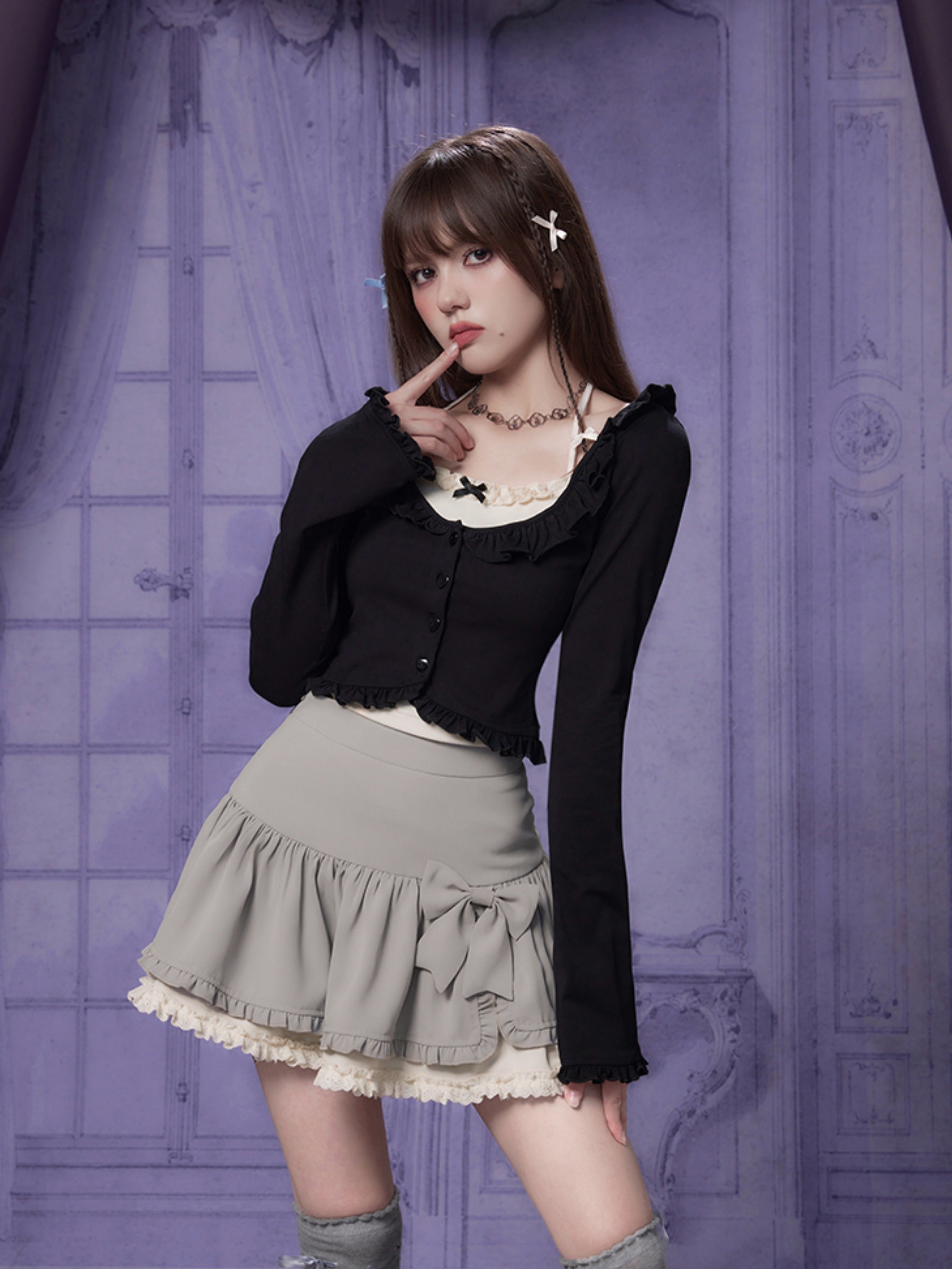 Halterneck 가짜 2 피스 가디건 탑