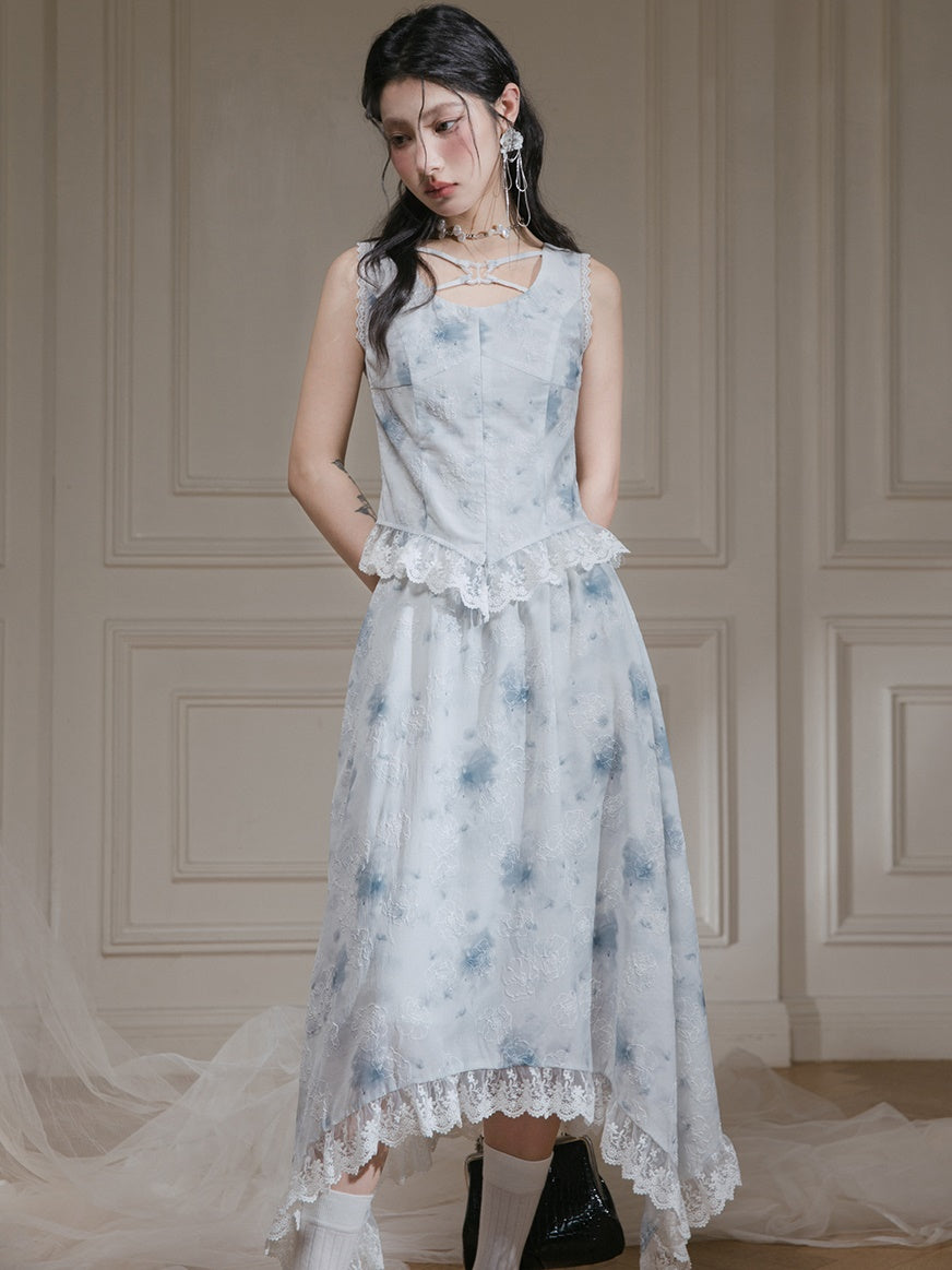 Rose Ink Printed Lace Sleeveless Top & Irregular Hem Skirt Set-up