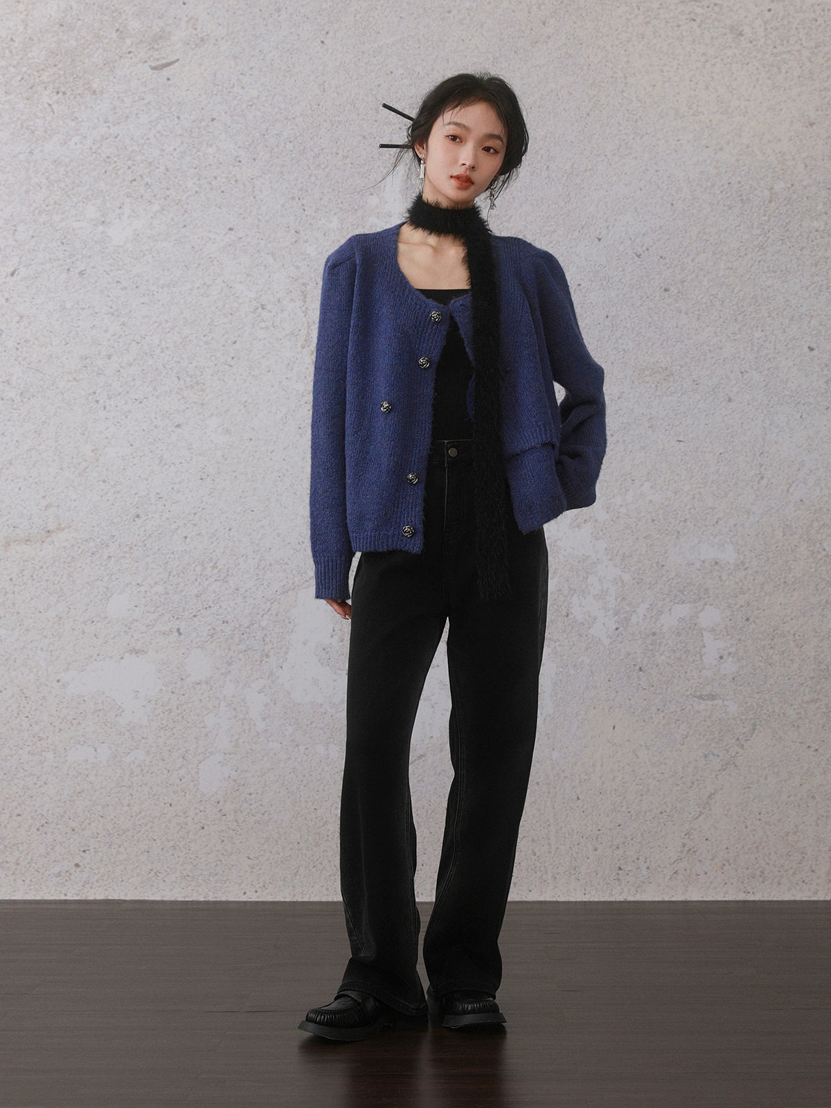 Irregular Button Round Neck Knitted Cardigan