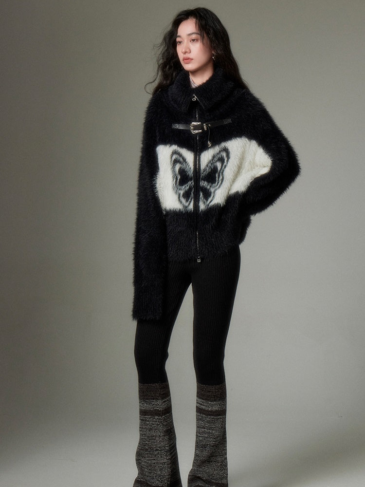 Schmetterlingsmuster Imitation Nerzgestrickte Strickjacke