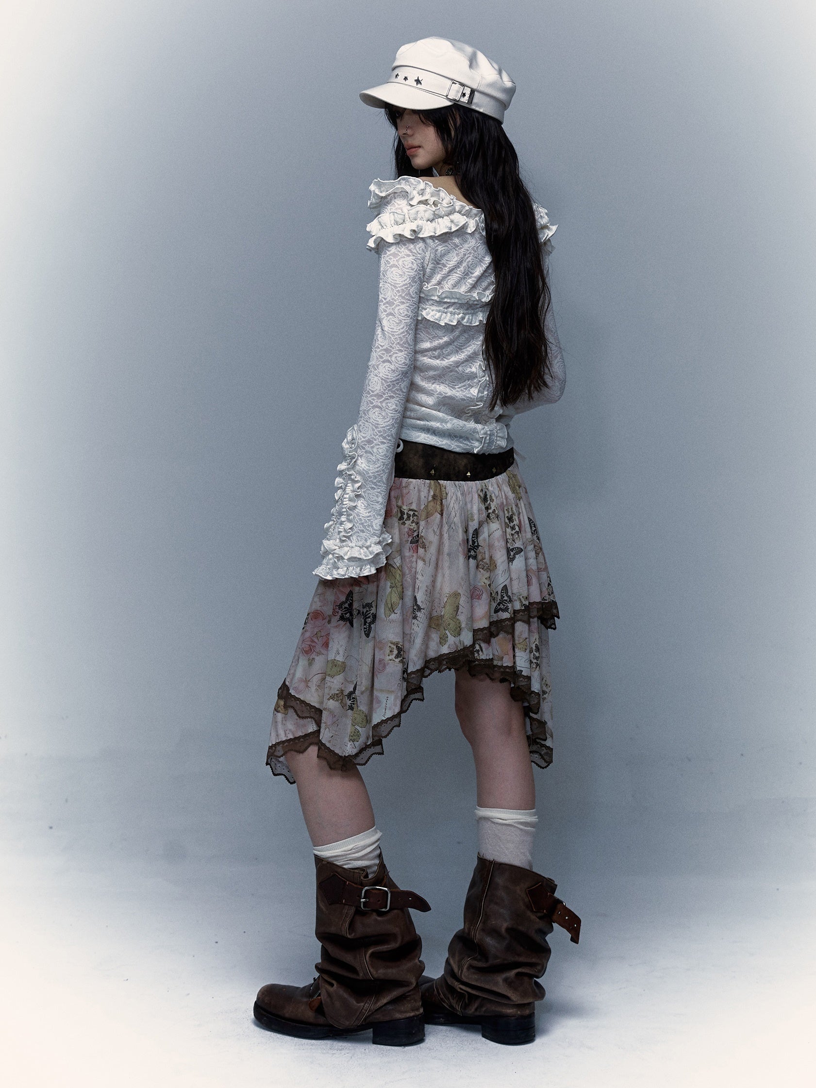 Retro Butterfly Print Splicing Irregular Skirt
