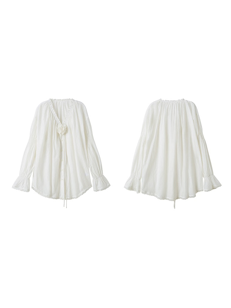 Gather V-Neck Lace Stitching Sheer Shirt