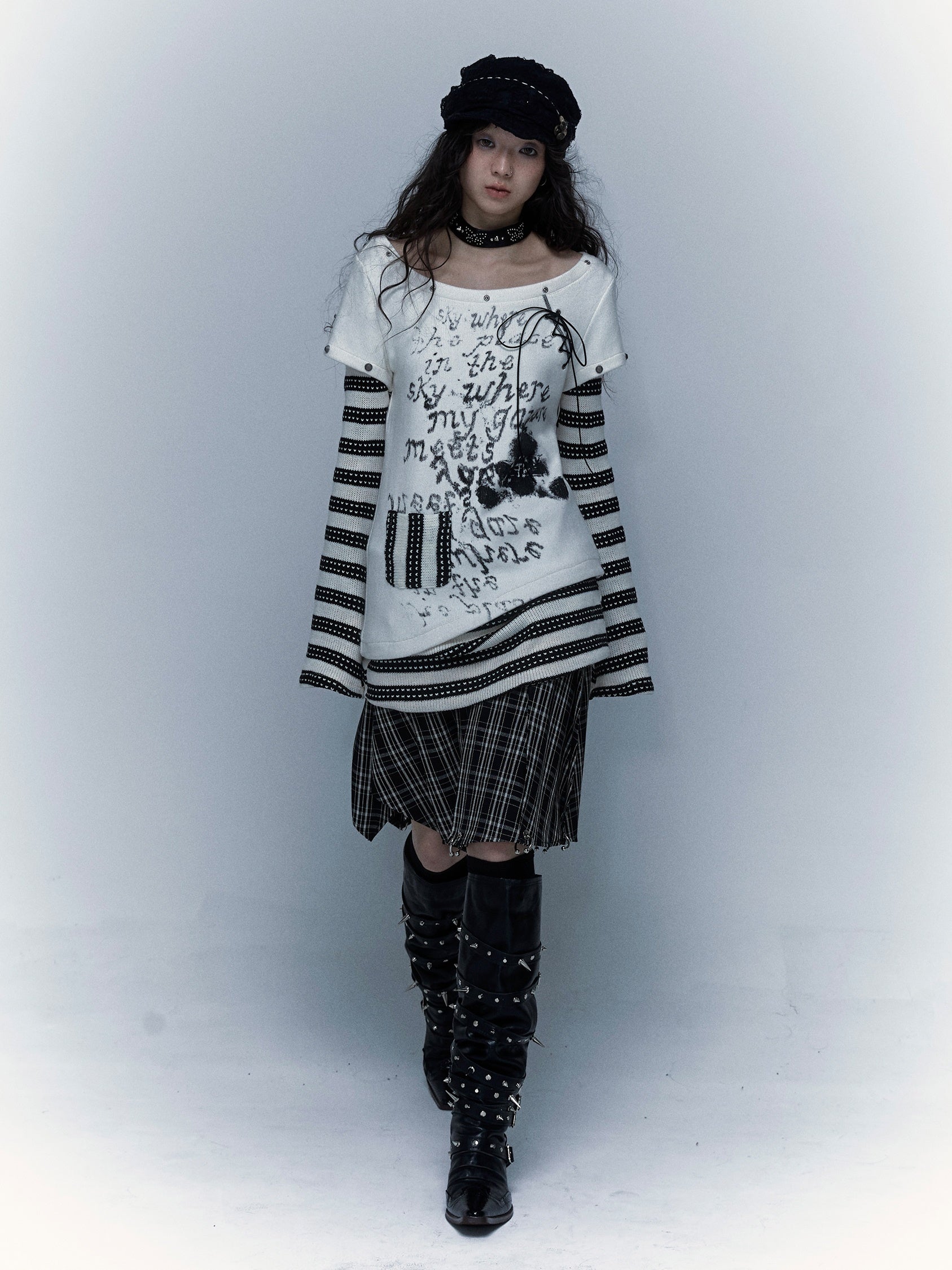 펑크 스 플라이 싱 스트라이프 프린트 긴팔 티셔츠