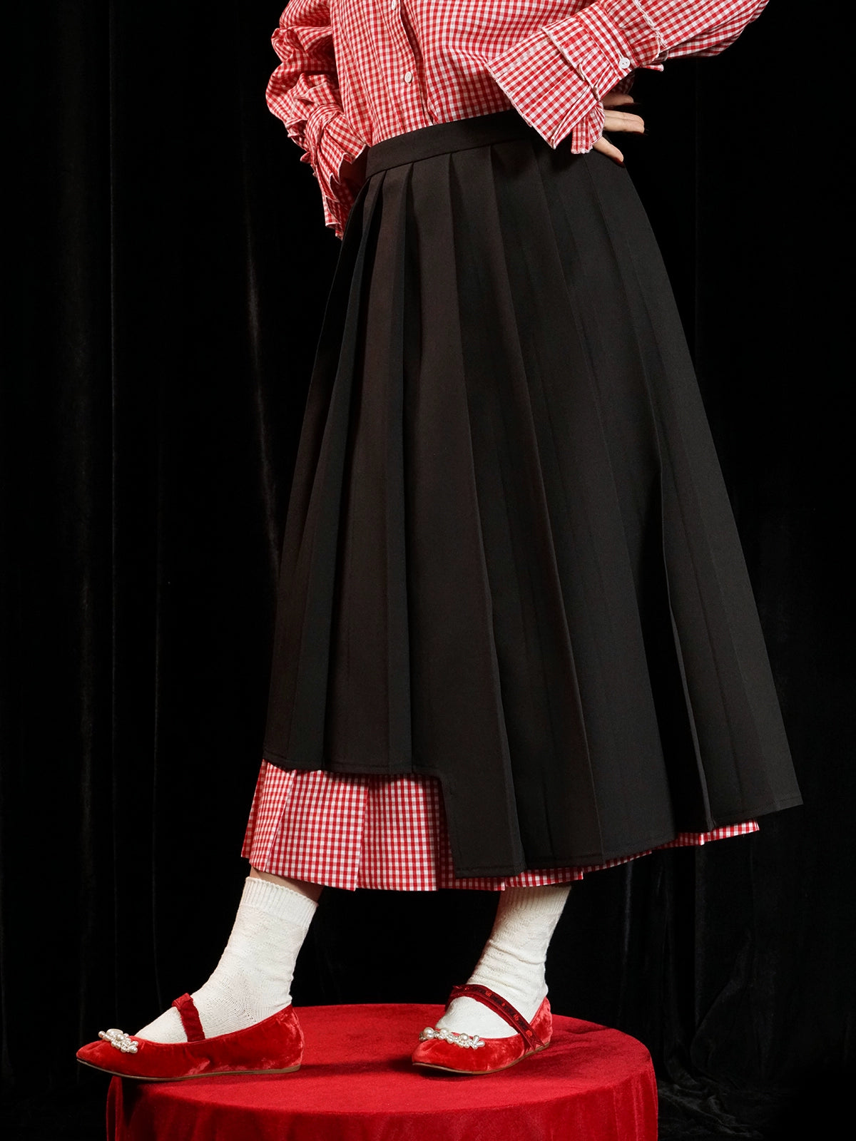 Double-layered Plaid Pleated Skirt
