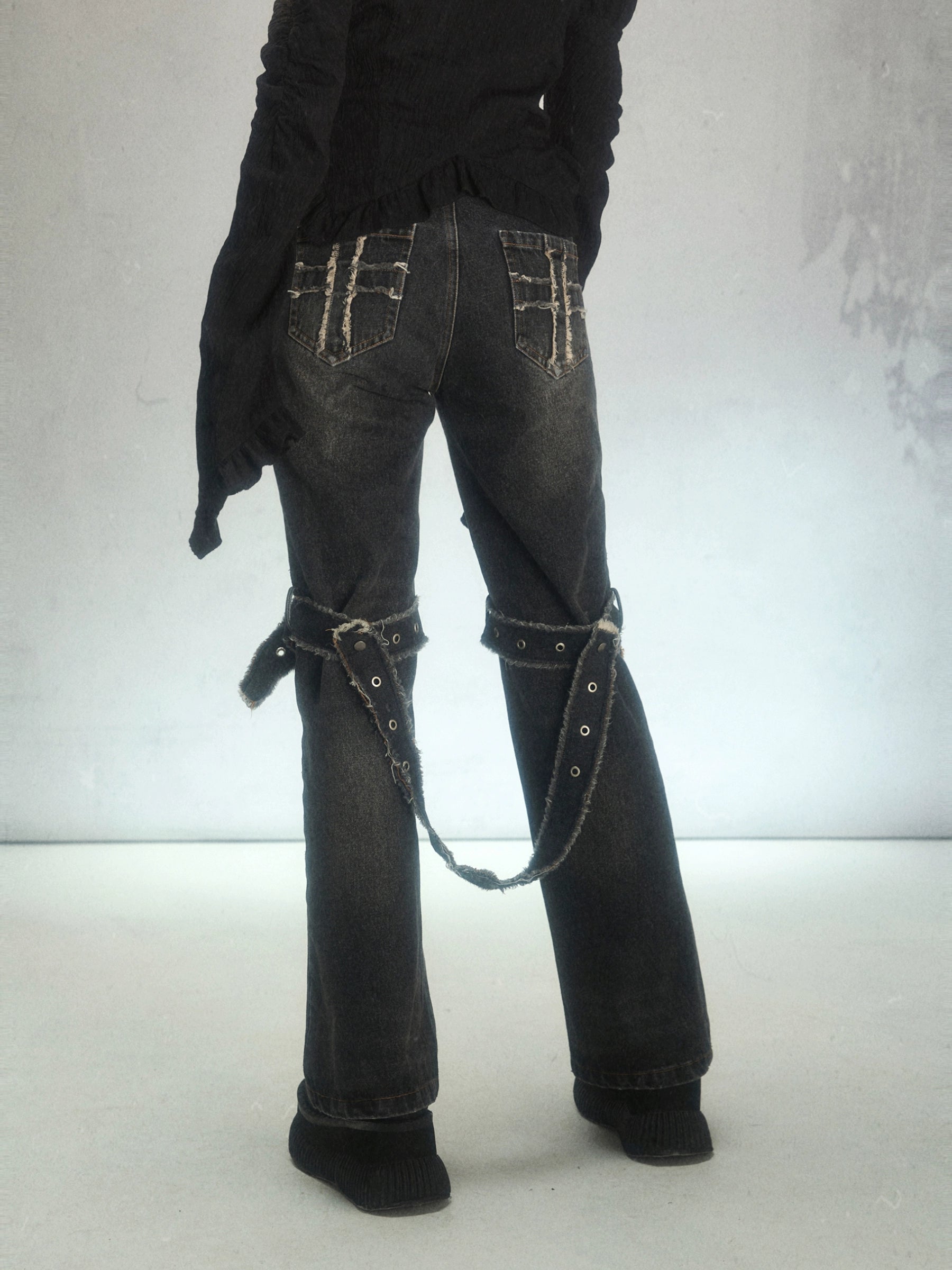 Punk Raw Edge Ripped Holes Flared Denim Trousers