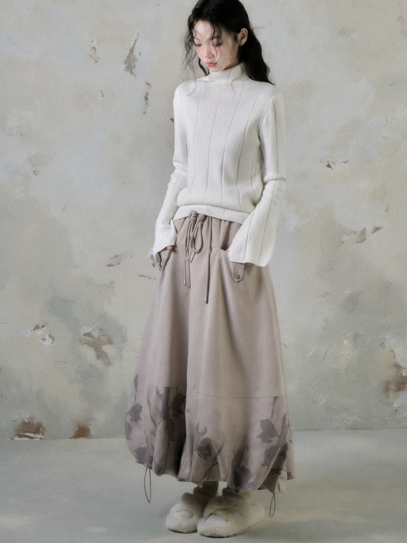 Floating Flower Shadow Printed Quilted A-line Bud Skirt