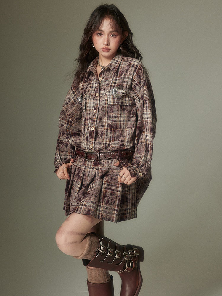 Plaid Loose Long Sleeve Shirt & Pleated Skirt