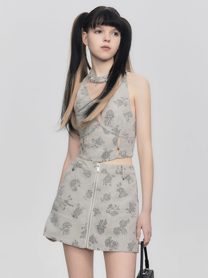 Floral Halter-neck Vest Top & Short Skirt Set-up