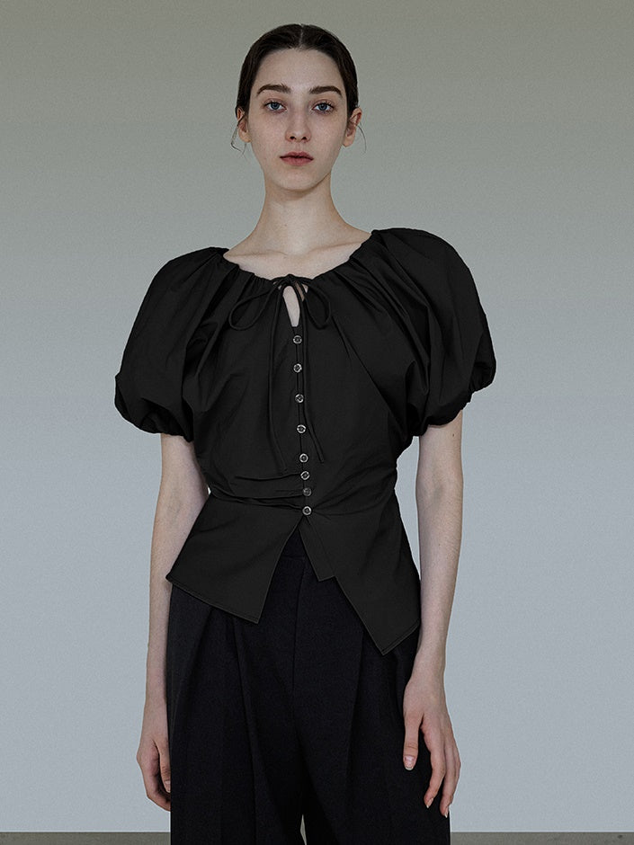 Lantern Sleeve Gather Neck Waist Shape Shirt