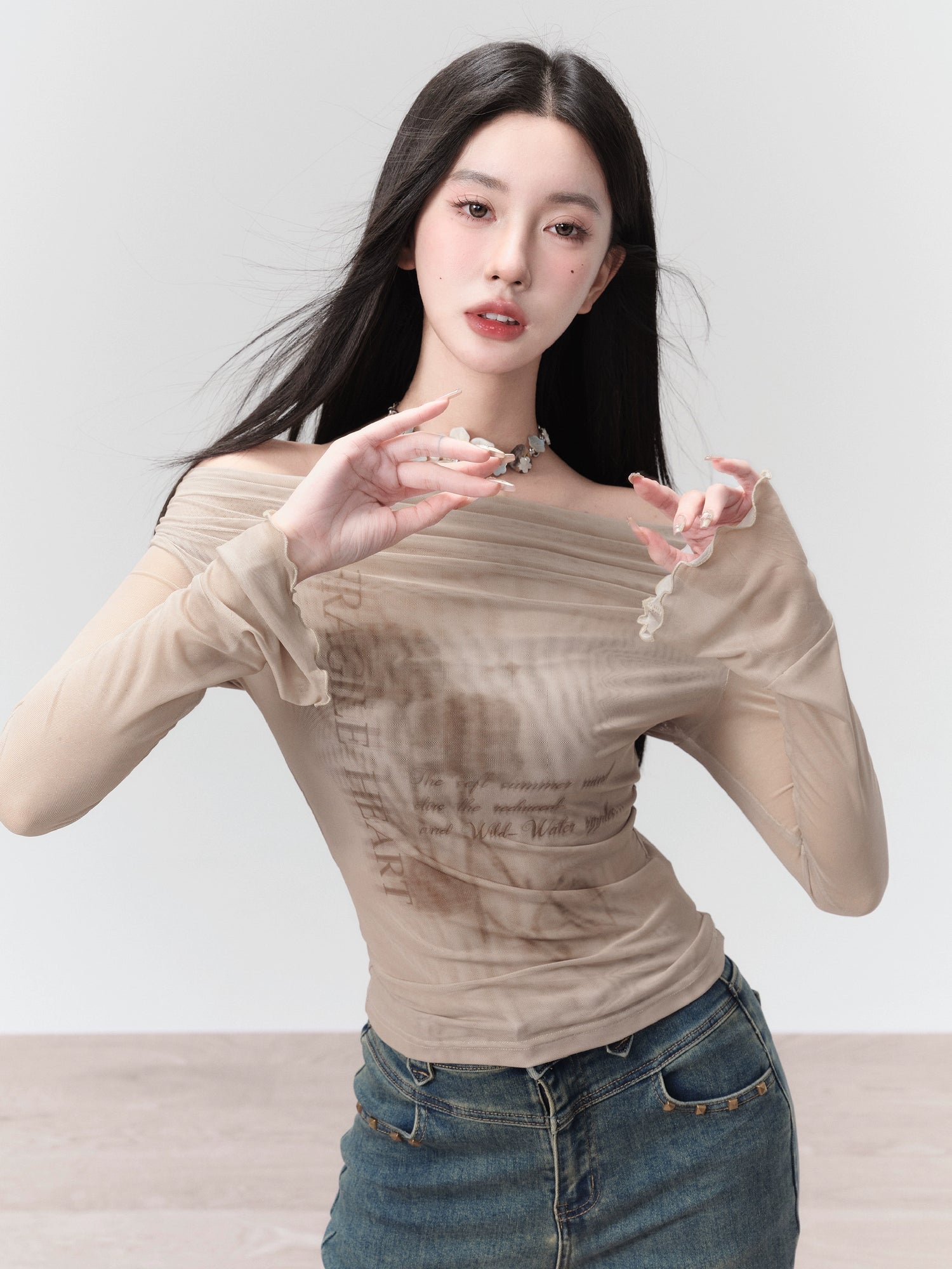 Off-shoulder Print Slim Long Sleeve Mesh T-shirt