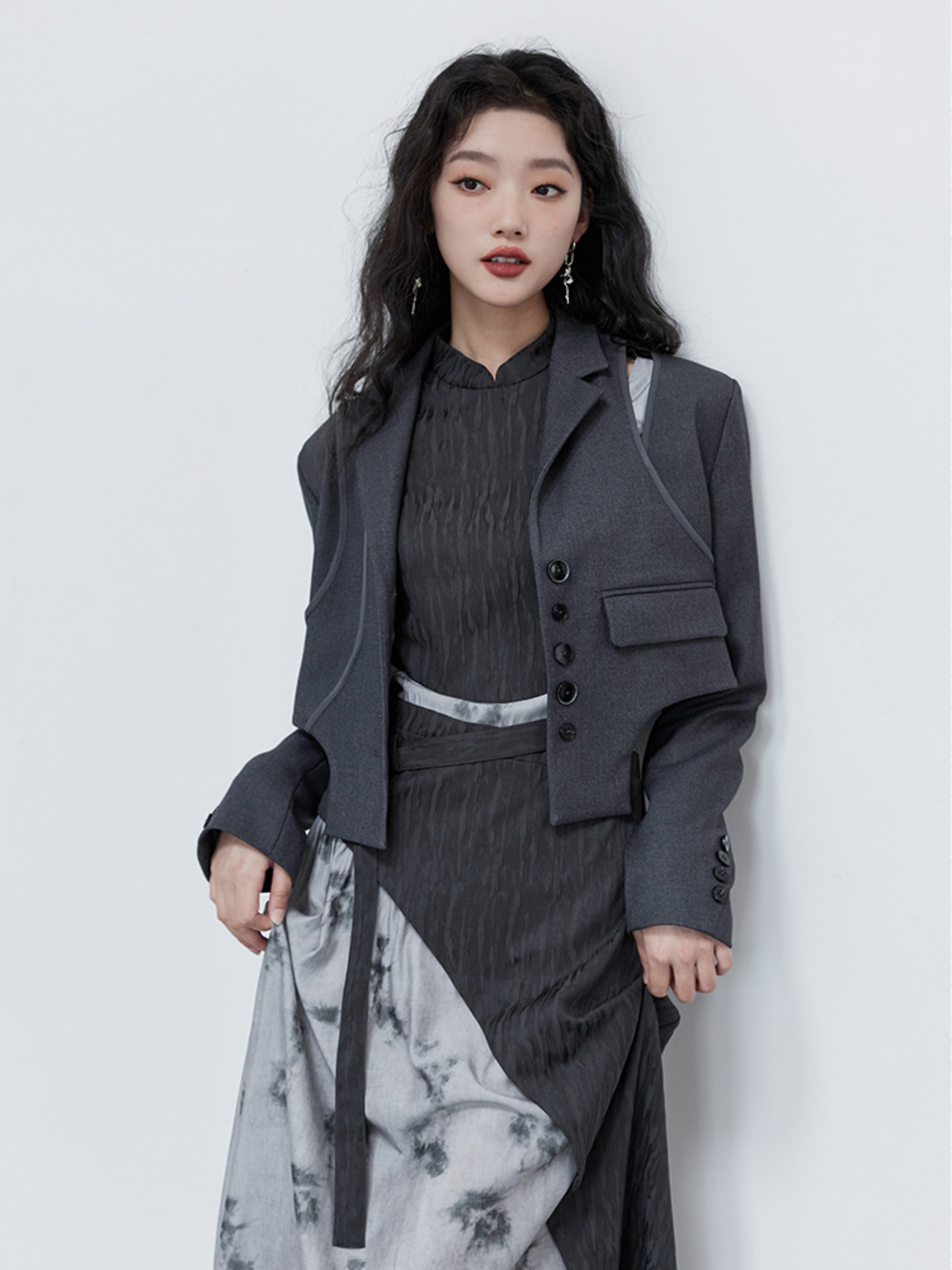 College Style Design Jacket & Pleated Skirt & Jacquard Shirt