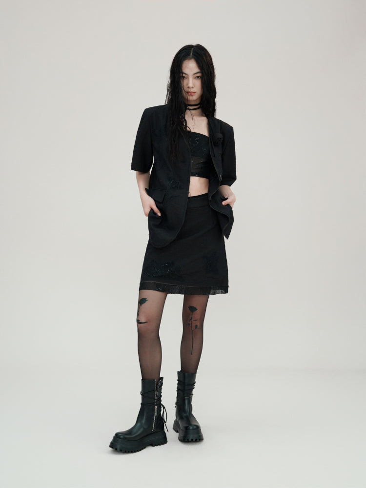 Carved Lace Embroidery Jacket & Camisole & Short Skirt