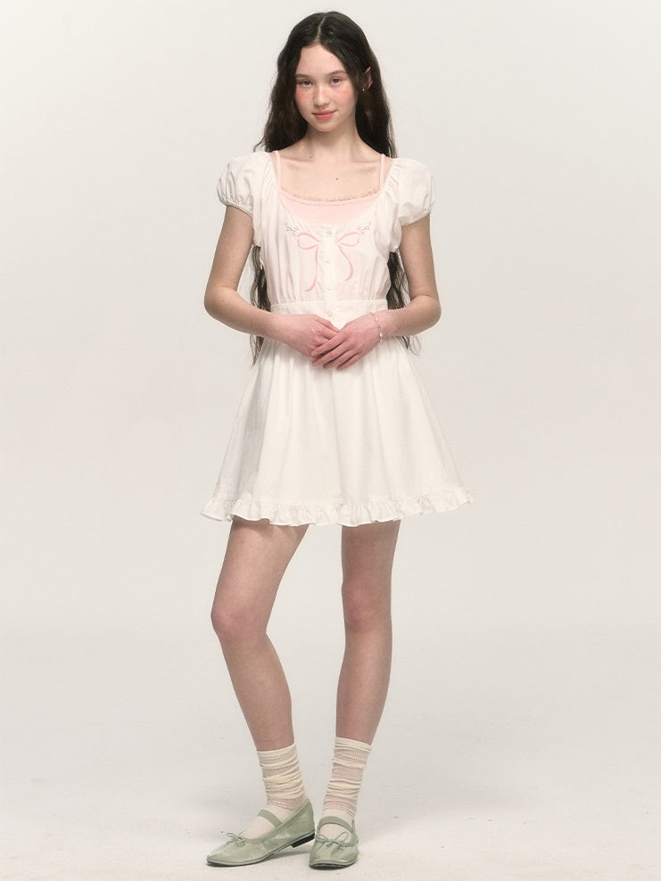 French Retro Bow Embroidery Puff Sleeve A-line One-piece