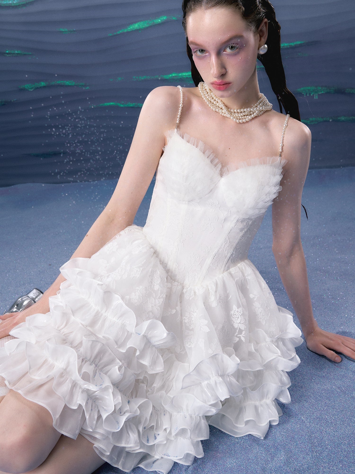 Organza Puffy Suspender Dress & Pearl Corset