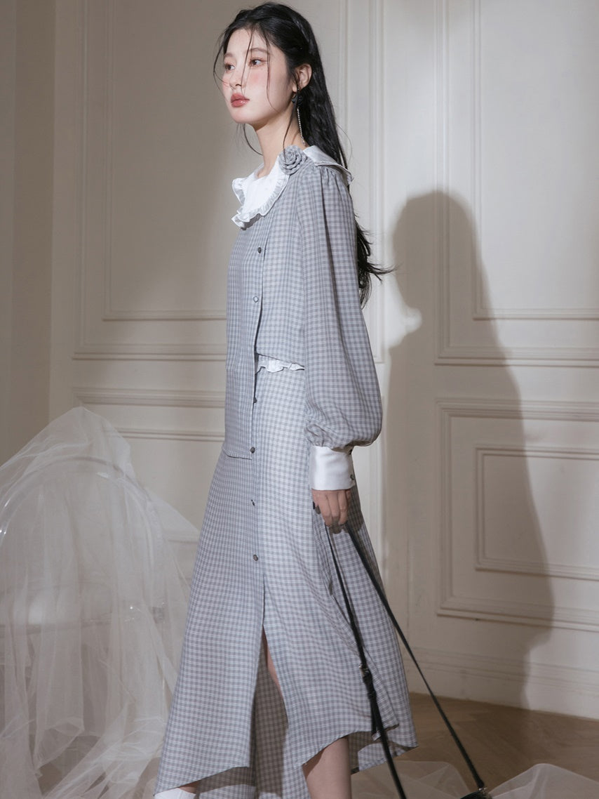 Contrast Color Plaid Shirt & Asymmetry Skirt Set-up