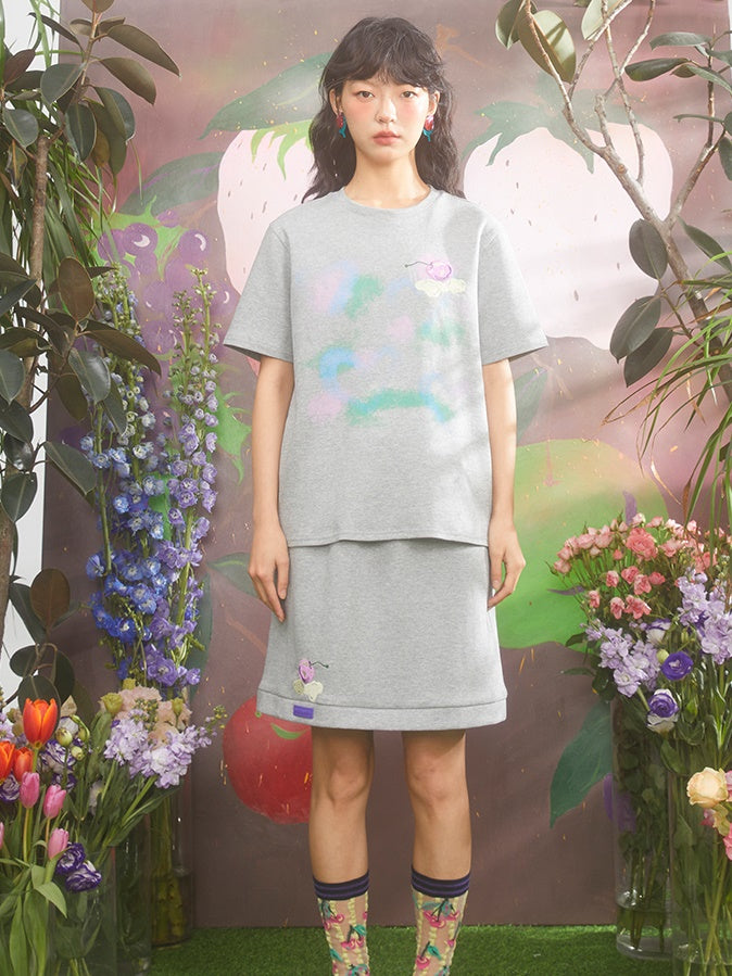 Retro Cherry Embroidery Gradient Loose T-shirt & Skirt