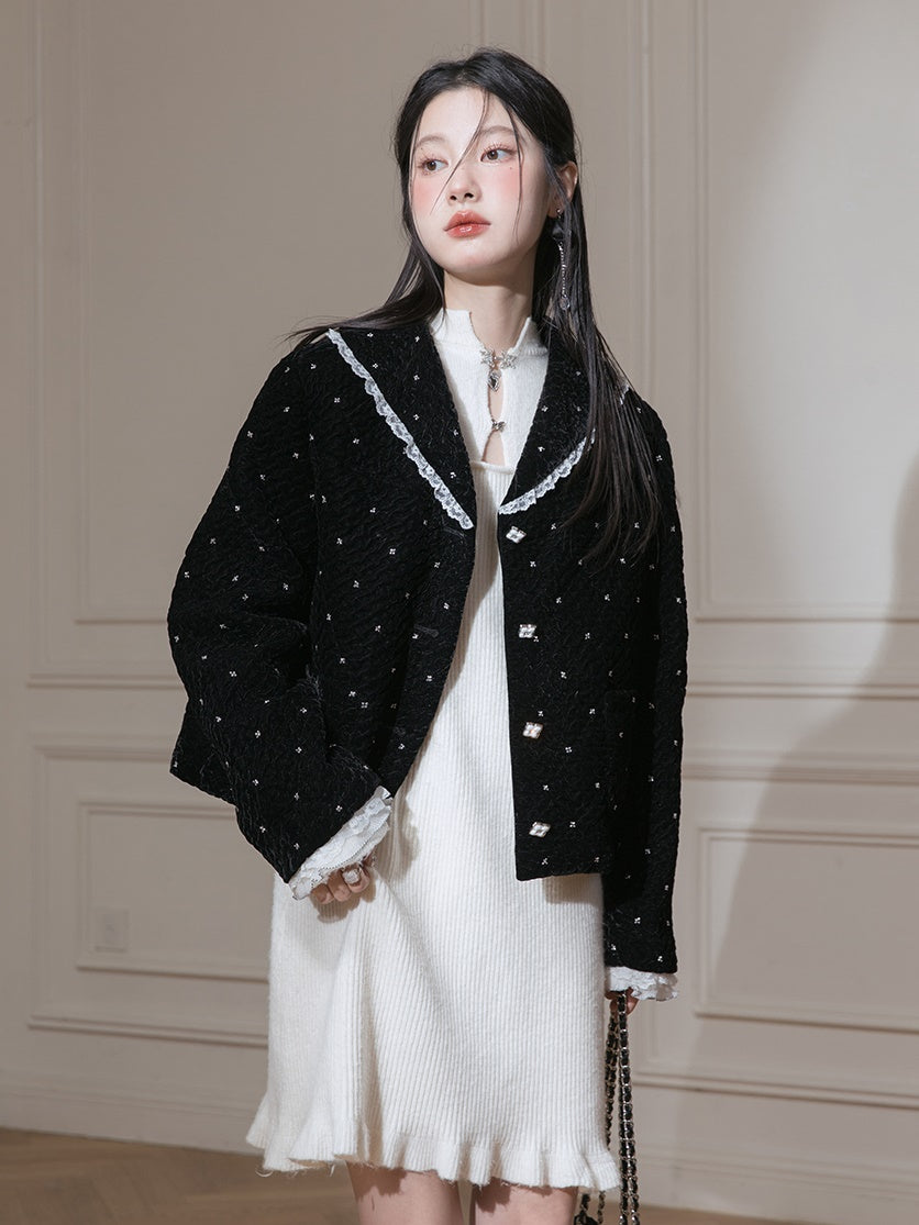Velvet Bead-flower Short Jacket & Lace Stitch Cake Skirt