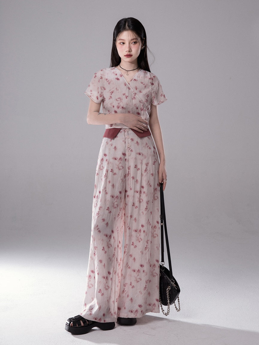 FloralPrint Cross Top & Folded Casual Pants Set-up