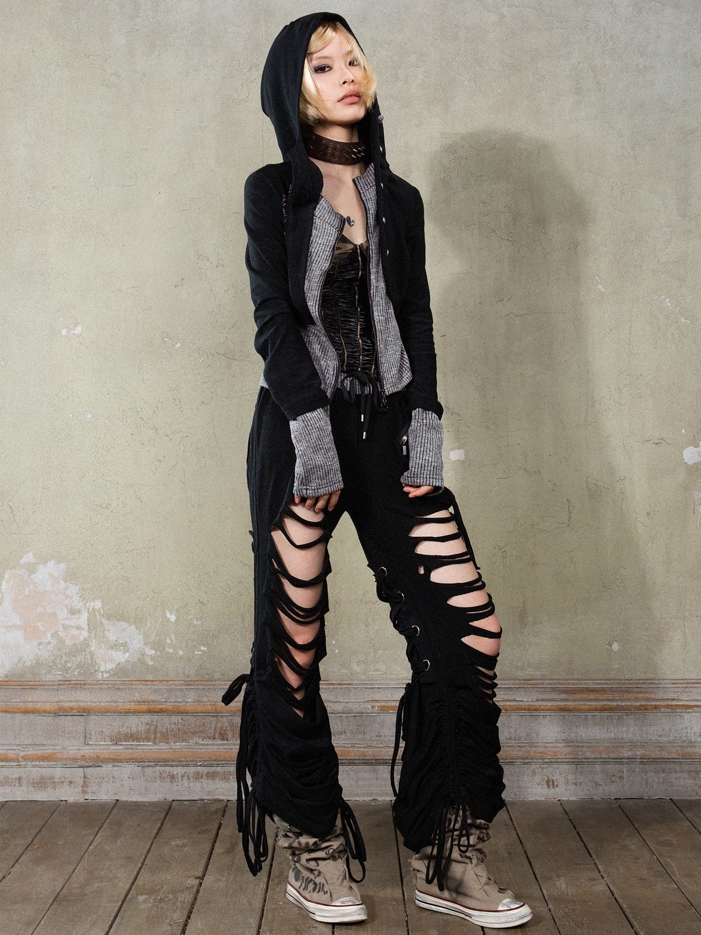 Hooded Knitted Switching Slim Cardigan