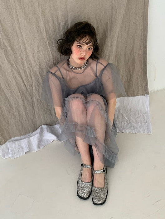 Mesh backless Strap Dress & Fairy Sling Skirt Set-UP