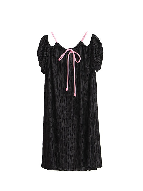 Pleated Cut-shoulder Short-sleeved One-piece