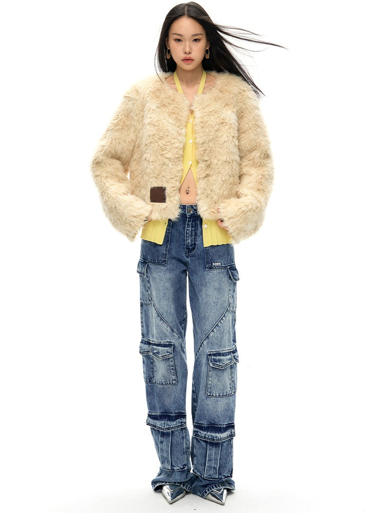 컬 둥근 목 모피 재킷