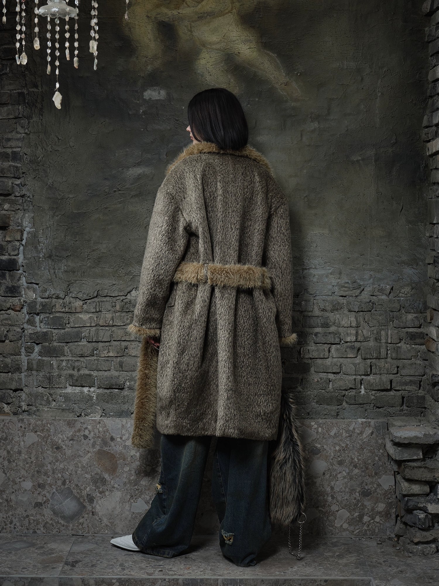 Large Collar Plus Velvet Belted Coat