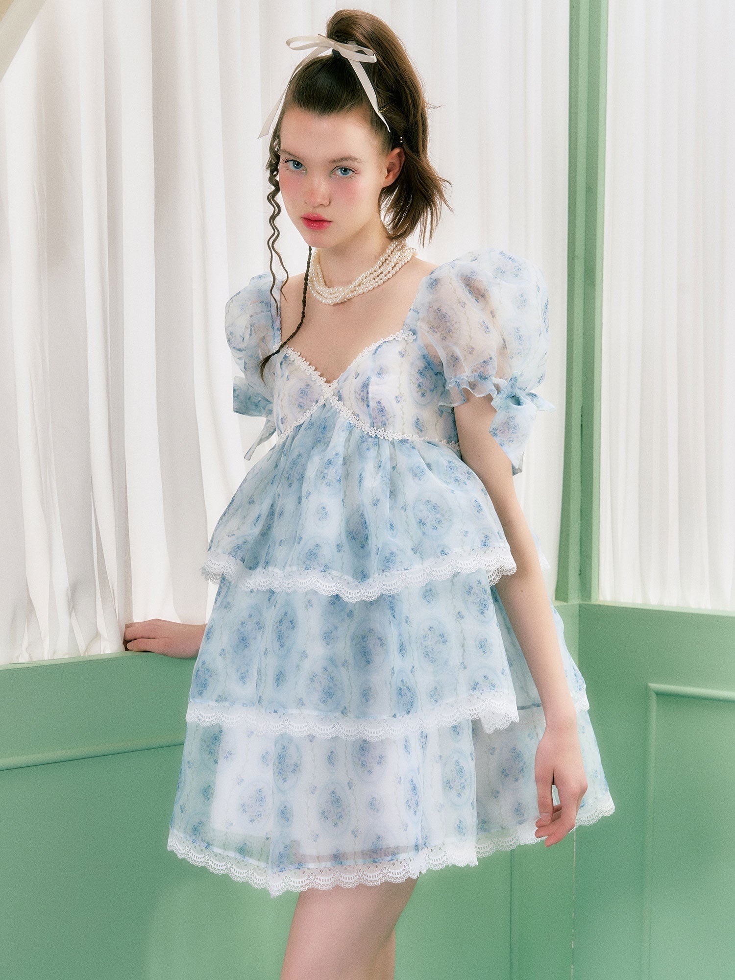 Organza Quadratkragen Puffhülsenkleid Kleid