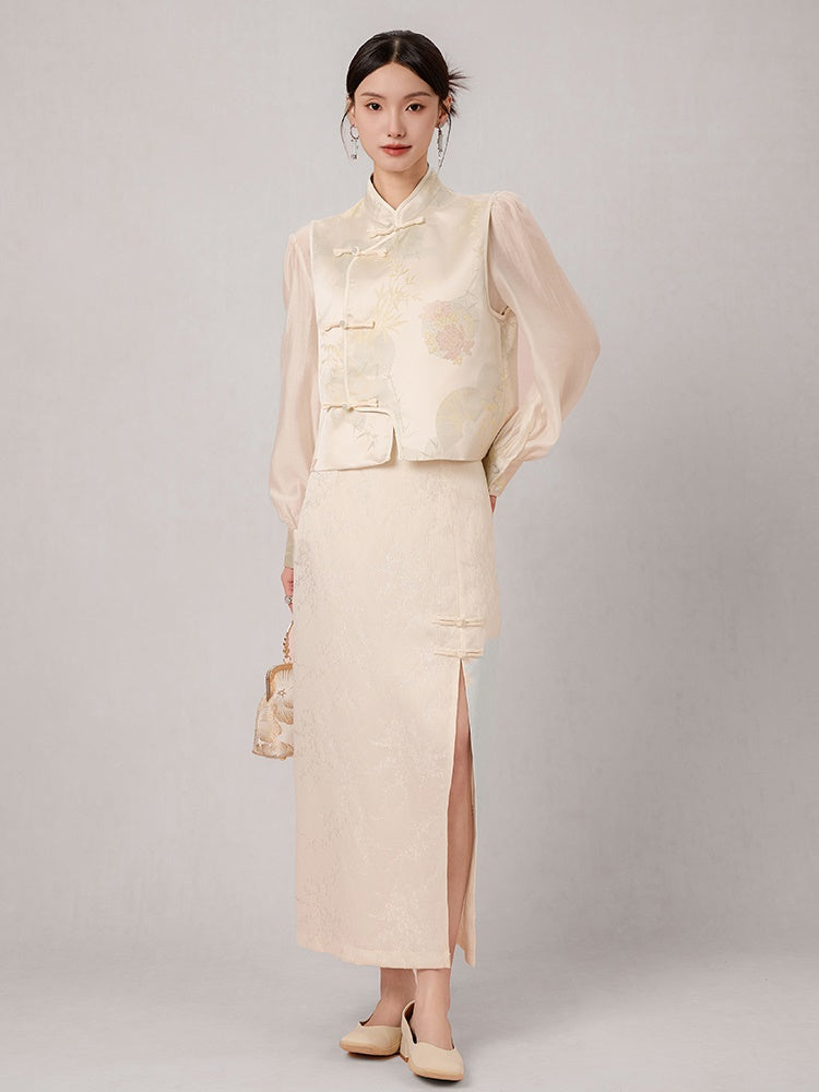 Chinese Style Jacquard Stand Collar Vest & Sheer Top Set-up