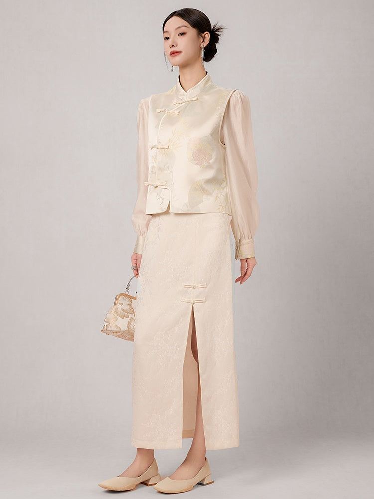 Chinese Style Jacquard Stand Collar Vest & Sheer Top Set-up