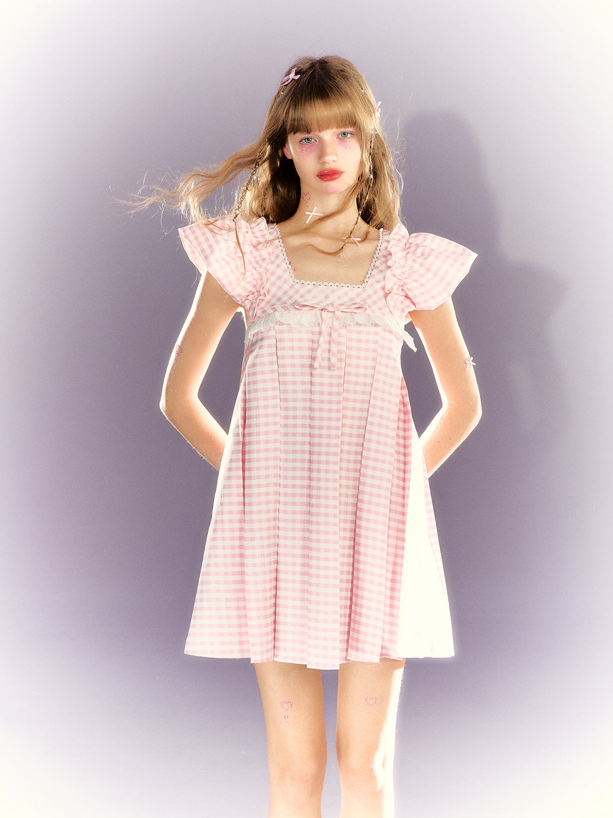 Plaid Bow Lace Square Collar Babydoll Dress - Main Image