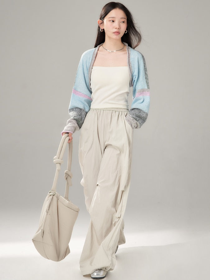 테두리 컬링 니트 짧은 숄 가디건 & 슬리브 벨스 원피스