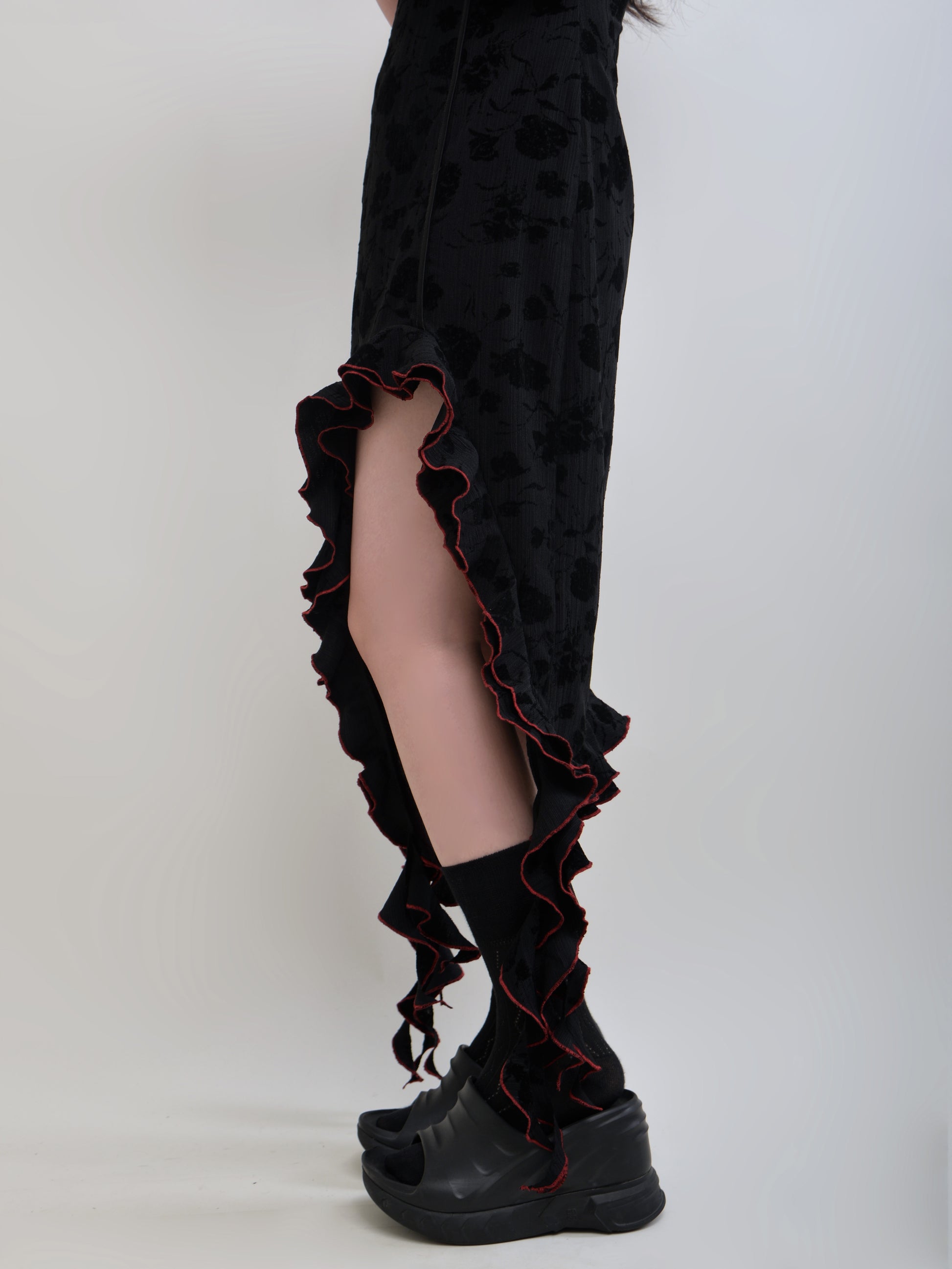 New Chinese Style Color Trim Irregular Frill Dress