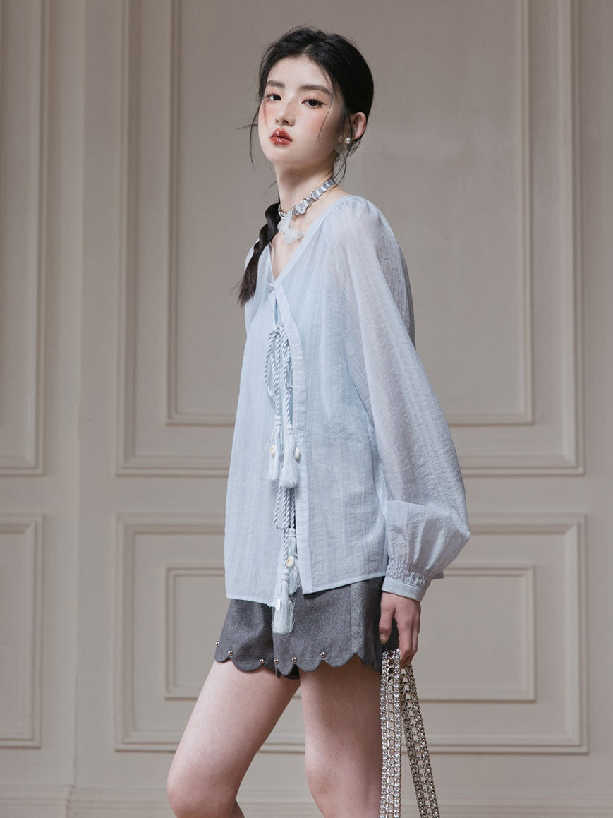 Oblique Placket Tie Sheer Shirt & Camisole Set-up