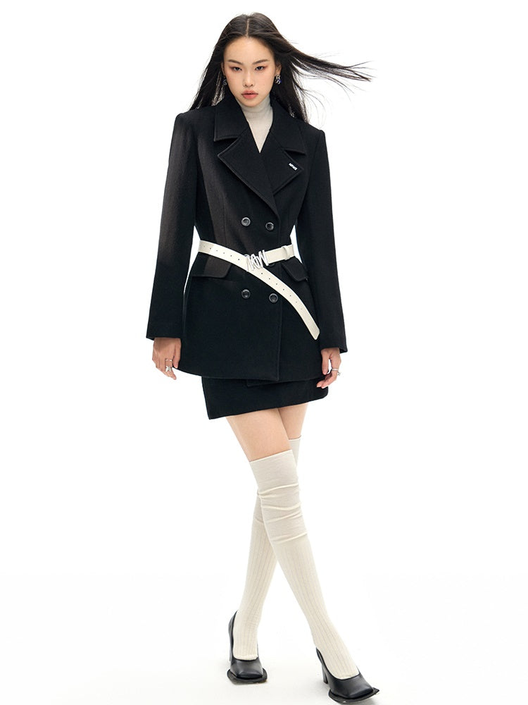 Double Button Wool Coat & Mini Skirt