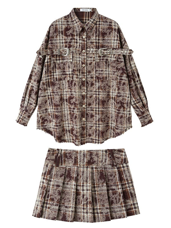 Plaid Loose Long Sleeve Shirt & Pleated Skirt