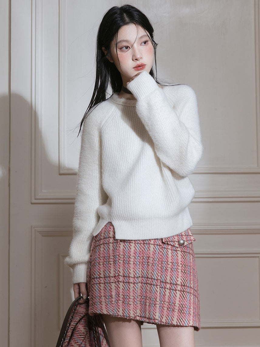 Plaid Tweed Asymmetry Design Jacket & Skirt